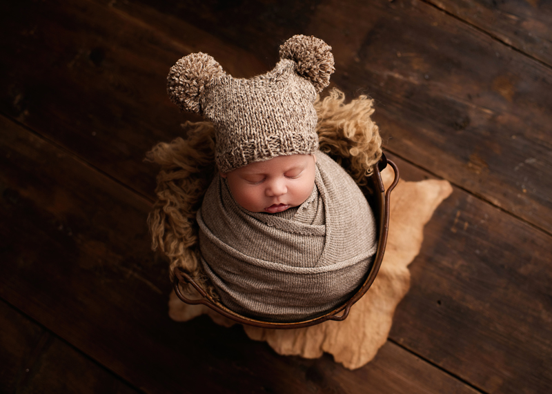 Newborn Photography, baby swaddled up sitting in basket