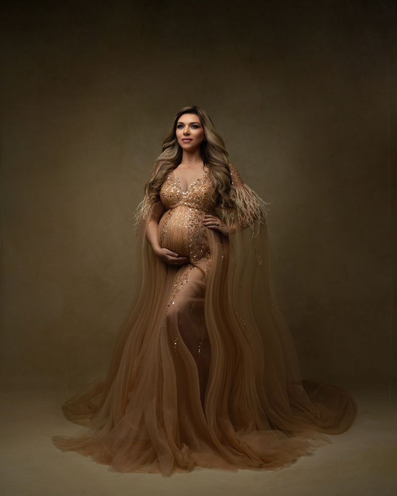 Maternity Photography, pregnant woman in long flowing dress against brown backdrop